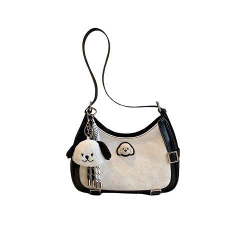 Cute Canvas Shoulder Bag with Dog Charm