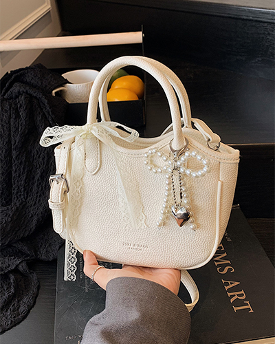 Elegant White Pearl-Accented Bucket Bag